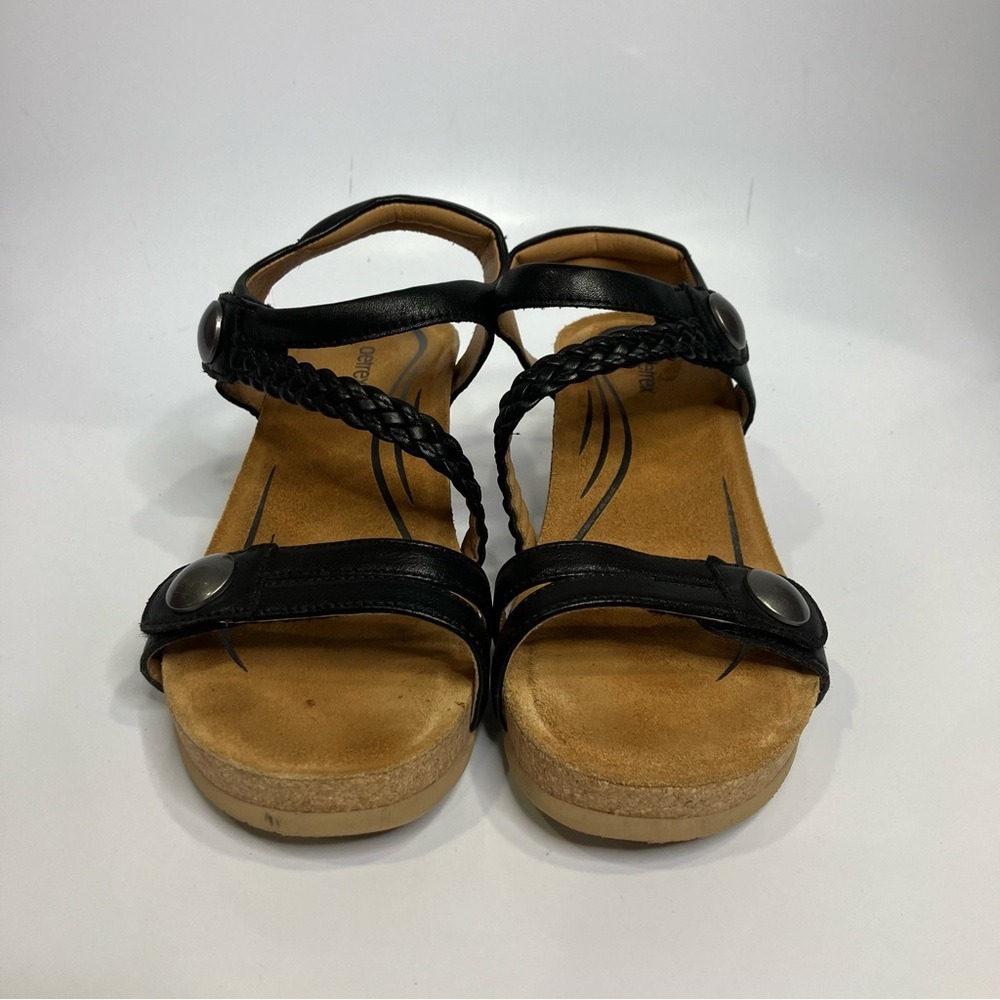 Aetrex Avril quarter strap wedge sandals black braided leather women's size 8.5 - Picture 3 of 9